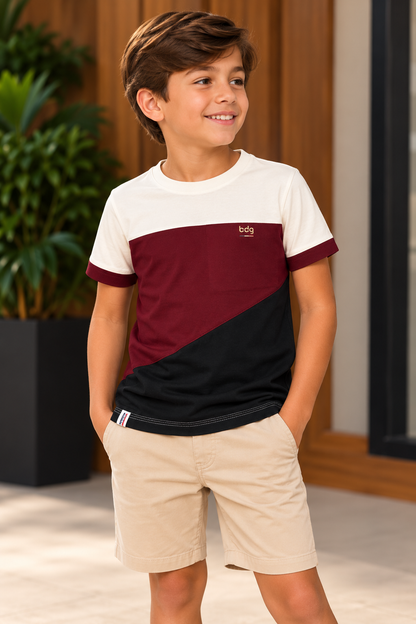 Camisa Infantil Lille Recortes vinho e preto
