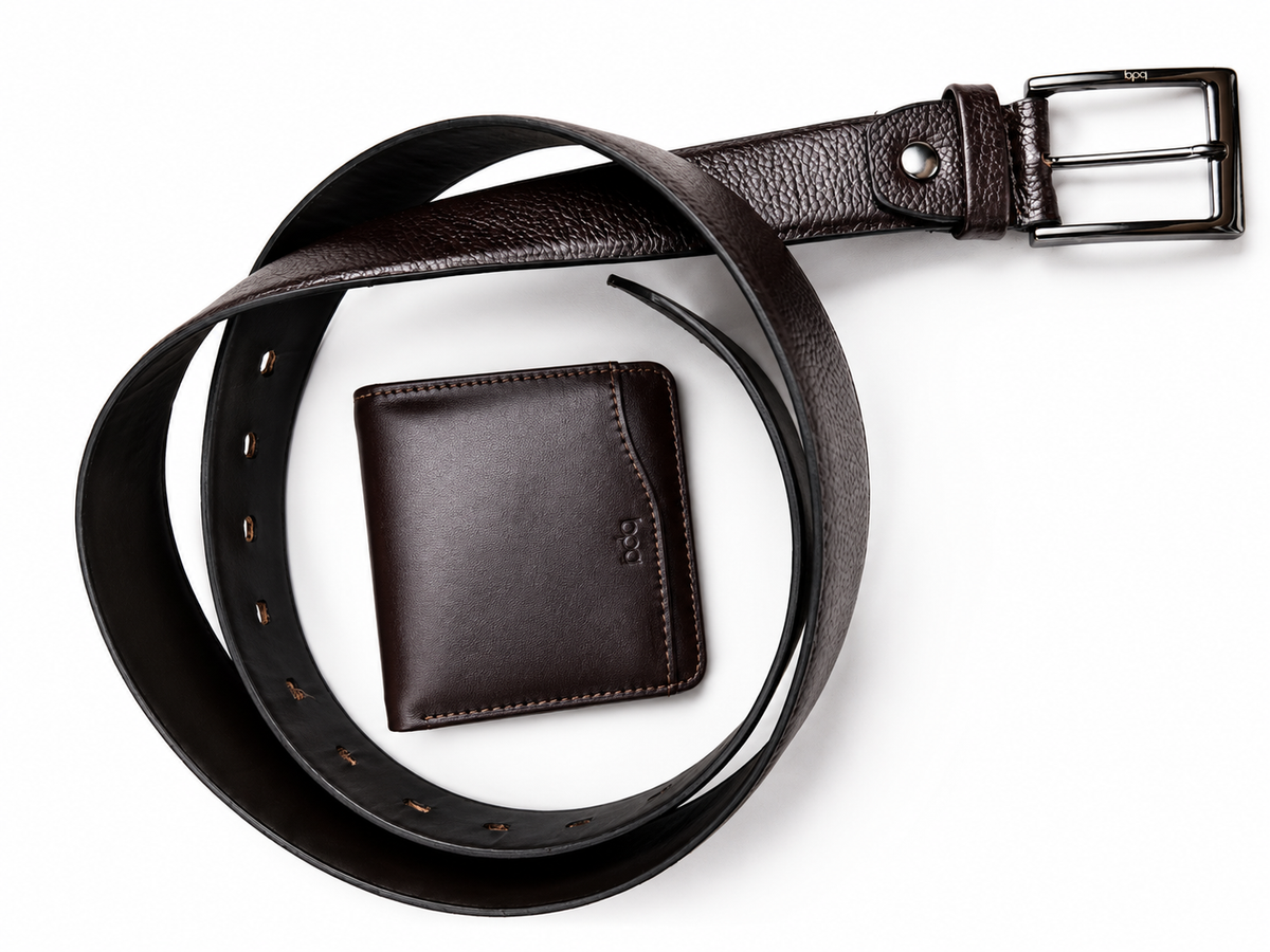 Kit Masculino Carteira e Cinto de Couro Marrom Liso